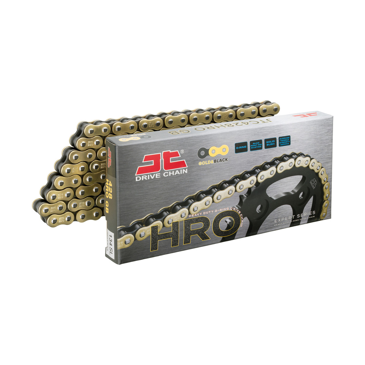 Lánc JTC428HRO/142, 25LE-ig, 428-as 142-szemes, O gyűrűs, patentszemes, arany-fekete, Road, Off Road, Cross, ATV