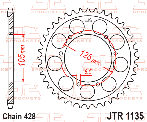 Lánckerék hátsó, 428-as lánchoz, JTR1135.