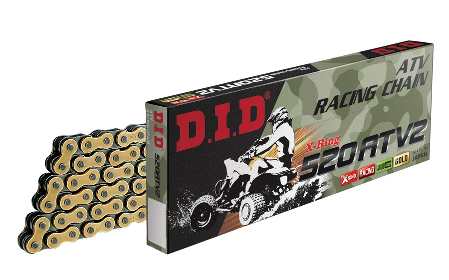 Lánc DID520ATV2/108, 750ccm-ig, 520-as 108-szemes, X gyűrűs, patentszemes, arany-fekete, ATV, QUAD