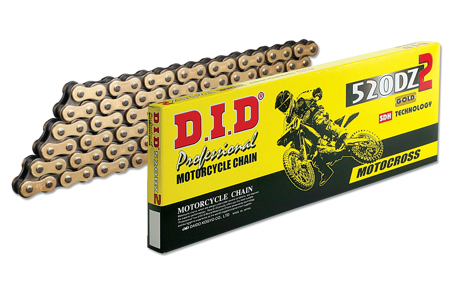 Lánc DID520DZ2/114, 125-450ccm-ig, 520-as 114-szemes, patentszemes, arany-fekete, Cross